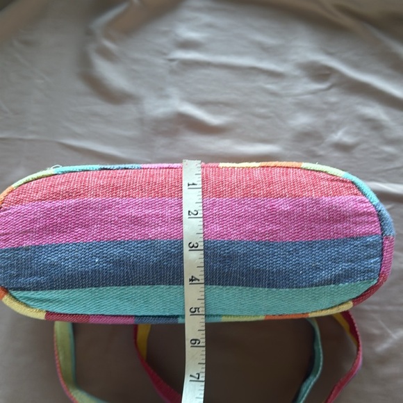 Colorful Rainbow Candy Stripe Bucket Tote Bag Woven Cotton Wood Button Accent - Picture 6 of 11